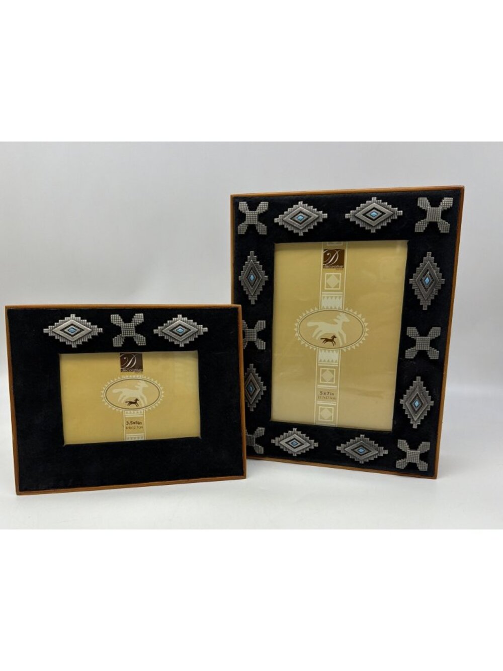 Southwestern Frame & Storage Box Set Black Velvet Silver Turquoise Wood READ